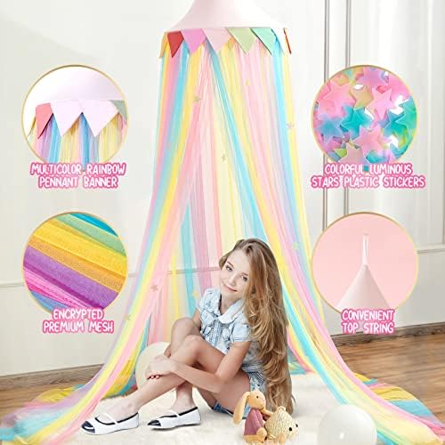 LOAOL Bed Canopy for Kids, Girls Room Decor, Rainbow Gradient Mesh Net