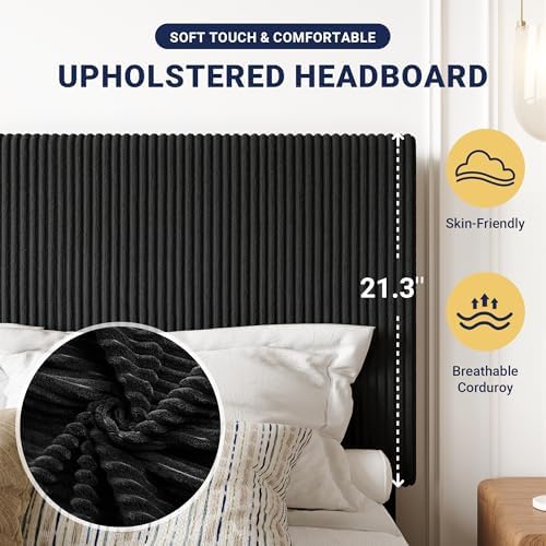Allewie King Bed Frame, Adjustable Corduroy Headboard, Platform, Black