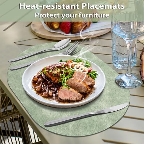 ADRIMER Oval Placemats Set of 12, Wipeable Faux Leather, Green
