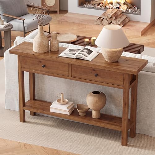 Solid Wood Entryway Table, Console Table with 2 Drawers and Storage Shelf, Narrow Farmhouse Sofa Console Behind the Couch for Hallway, Living Room, Foyer