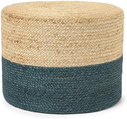 · REDEARTH · Jute Pouf Ottoman - Cylinder Half & Half - Natural Teal