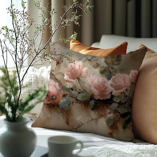 Vintage Moody Pink Rose Floral Pillow Cover 18x18 Double-Sided, French Country Farmhouse Pink Flower Throw Pillow Cover Case for Home Bedroom Living Room