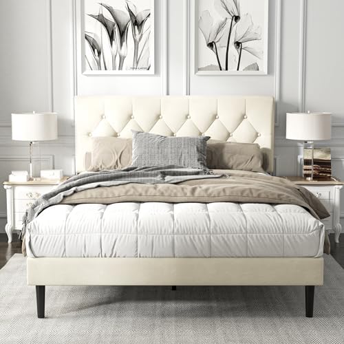 HAOARA Full Size Platform Bed Frame with Upholstered Button Tufted Headboard, Mattress Foundation with Wooden Slat Support, Noise Free, No Box Spring Needed, Easy Assembly, Beige Velvet