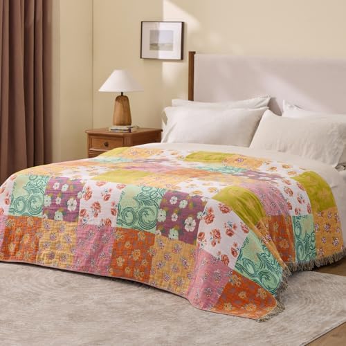 RILIHO 100% Cotton Boho Throw Blanket for Home Decor – Classic Farmhouse Quilt Bedding, Muslin Blankets for Adults, Vintage Woven Decorative Blanket for Couch, Bed Layering Use, Patchwork, 60"x80"