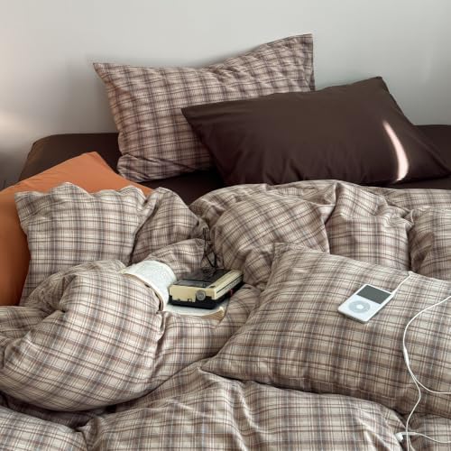 mixinni Vintage Buffalo Plaid Duvet Cover Set Twin Size - 3 Piece Washed Cotton Bedding Set, Neutral Brown Beige Coffee Grid Plaid Duvet Cover with Pillowcases, Retro Bedding for All Seasons
