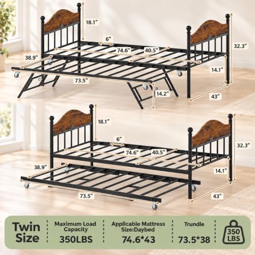 Daybed with Trundle, Metal Twin Size Day Bed with Stylish Headboard, Sofa BedFrame with Pop Up Foldable Trundle Bed, Heavy Duty Steel Slats Platform for Living Room, Bedroom and Guest Room, Brown