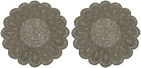 Lightnpro Handmade Beaded Placemats Set of 2 – 13 Inch Gunmetal Round Scalloped Charger Mats, Handcrafted Artisan Table Accessories in Gunmetal | Elegant Dining, Wedding & Home Décor Table Mats