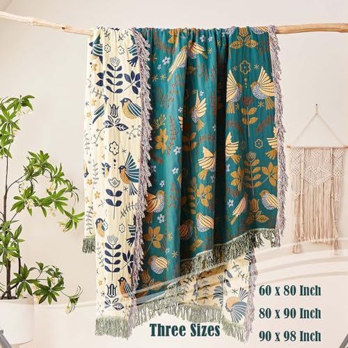 XIBLC Boho Throw Blanket, 100% Cotton Ultra Soft Luxury Throw Rustic Quilt, 80"x90" Floral Printed Farmhouse Decor Bed Summer Blankets, All Season Rustic Reversible Bohemian Throw for Bed - Blue