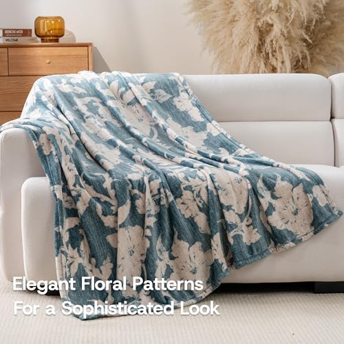 Luxury Printed Fleece Warm Throw Blanket, Soft Lightweight Velvety Plush Throw for Couch and Bed, Cozy Comfy for All Seasons(Blue Floral Silhouette, 50×70 Inches)