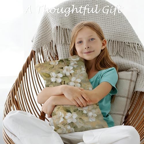 Neutral Vintage White Blossom Floral Pillow Cover 12x20, Rustic Beige Cottagecore Botanical White Flower Decorative Lumbar Pillow Cover for Couch Bed Living Room Bedroom