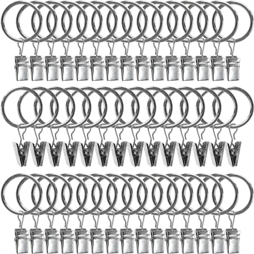 44 Pack Metal Curtain Rings with Clips, 1 in ID, Silver
