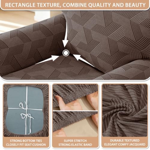 ZNSAYOTX 3 Piece Stretch Couch Covers (72"-90") New-Rectangle Texture, Thick Sofa Covers for 2 Cushion Couch Universal Sofa Slip Cover with Elastic Bottom & Buckle, Washable Protector Brown