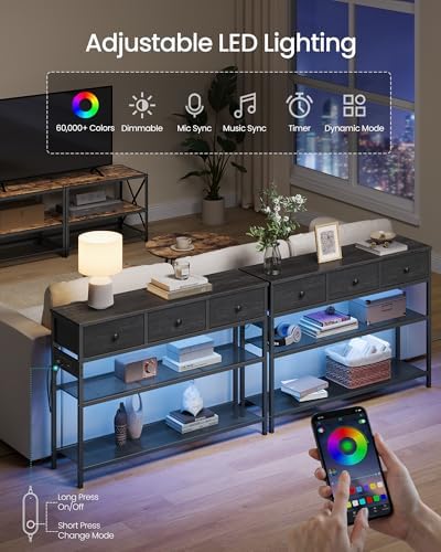 SONGMICS Console Table with Power Outlets and LED Lights, 3 Fabric Drawers