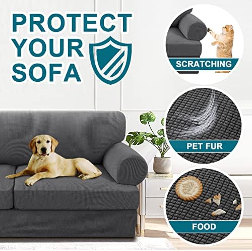 Turquoize 4 Piece T Cushion Sofa Slipcovers Stretch Couch Cover Furniture Covers with 3 Individual T Cushion Covers, Machine Washable (3 Cushion Sofa, Gray)