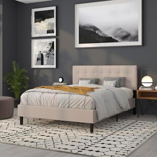 BizChair Quilted Tufted Upholstered Queen Size Headboard in Beige Fabric