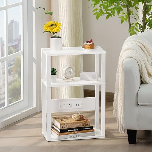 YUFAM 3-Tier Narrow Bedside Table with Charging Station, Skinny Nightstand