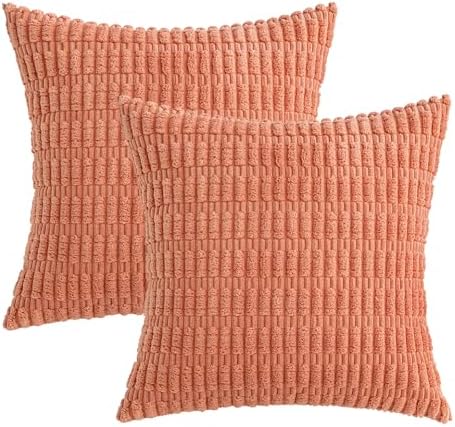 MIULEE Corduroy Decorative Throw Pillow Covers 18x18 Coral Pack of 2