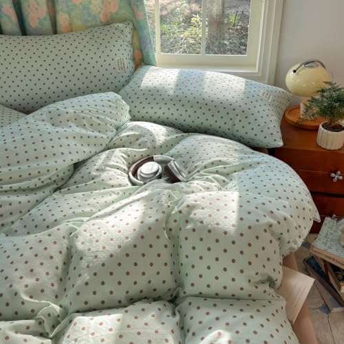 Mint Green Polka Dot Duvet Cover Twin with 2 Pillowcases,100% Cotton