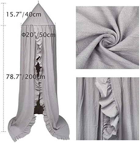 Bed Canopy with Frills Reading Nook Game Tent for Kids Boho Hanging Net Play Room Decor(Light Grey)