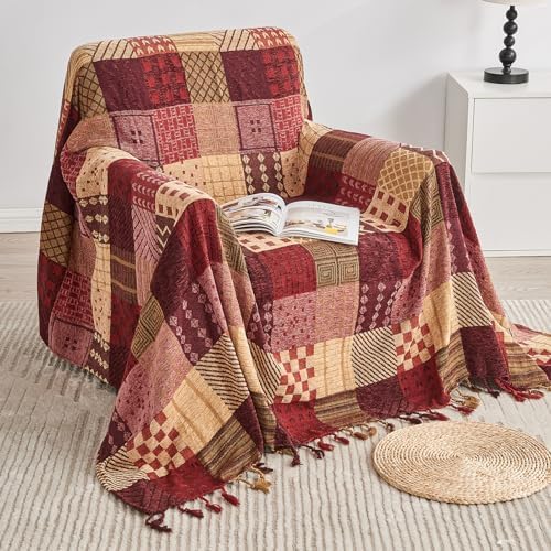 Boho Throw Blanket,Patchwork Large Blankets for Sofa Double Bed Armchair Couch,Weighted Soft Furniture Throws,Tassels Chenille Throws and Blankets for Bohemian Decor (86"*102")…