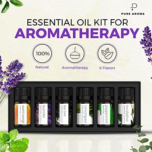 Pure Aroma Essential Oils Aromatherapy Set - 6 x 10ML Oils for Diffusers, Home Care, Candle Making Scents, Fragrance, Humidifiers, Gifts - Peppermint, Tea Tree, Lavender, Eucalyptus, Orange