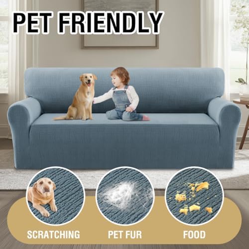 H.VERSAILTEX Jacquard Sofa Slipcover with Waterproof Seat Furniture Protector 1 Piece Stretch Sofa Covers with Elastic Bottom for Kids, Pets, Dog(Sofa L, Stone Blue)