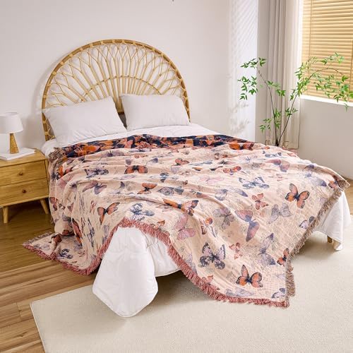 VANJOROY Boho Throw Blanket, 100% Organic Cotton Breathable Ultra Soft 50" x 60" Bed Quilt Throw - All Season Floral Rustic Farmhouse Decor Luxury Reversible Blanket for Sofa Couch Chair and Gift