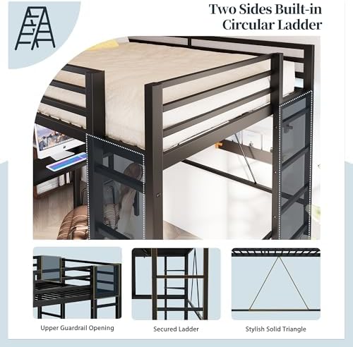 Loft Bed Twin Size with Desk and Safety Guard Rail, Twin Size Metal Bed Frame with Double Layer Shelves for Storage, No Box Spring 2 Security Ladders, Midnight Black