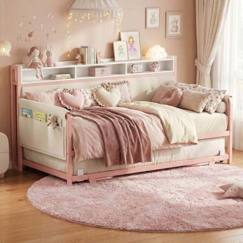 LIKIMIO Daybed with Trundle, Twin Bed Frame,Pink