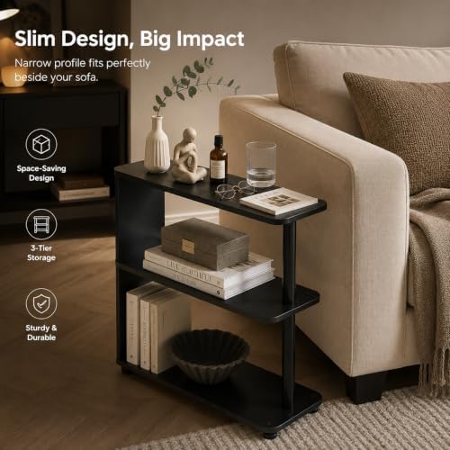 3-Tier Narrow End Table, Industrial Slim Side Table, Black