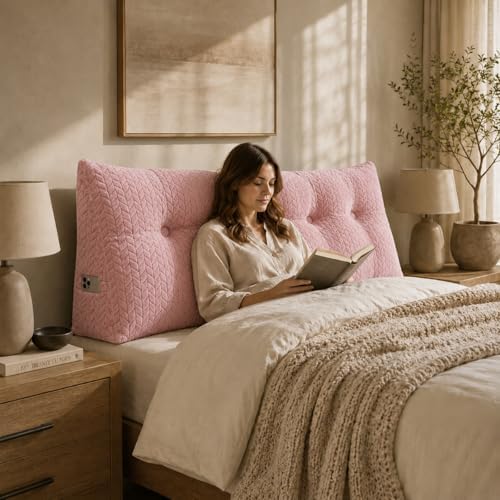 Headboard Pillow Queen Size, Reading Pillow for Bed, Leaf Pattern Wedge Pillow, Tufted Backrest Support, Headboard Substitute, Pink