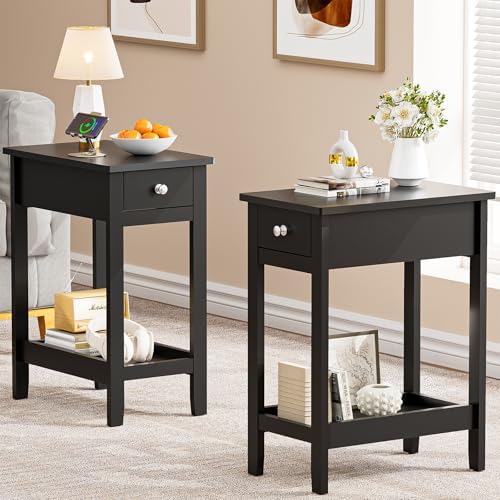 SEJOV Narrow Side Table, Small Black End Table with Drawer & Storage Shelve