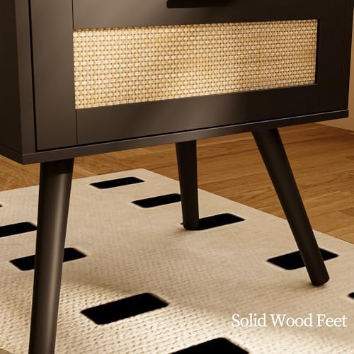 JOONEE Rattan Nightstand with Charging Station,Farmhouse Bedside Table with 2 Storage Drawer and Open Wood Shelf, for Bedroom and Small Spaces,Night Stand with Solid Wood Legs (Black-Outlet)