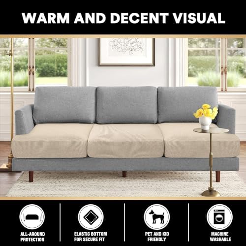 PrinceDeco Stretch T Cushion Sofa Slipcovers 3 Piece,Pets Friendly,Natural