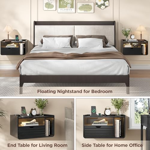Maupvit Black Floating Nightstand Set of 2, Wall Mounted Night Stand with Drawer and Charging Station, Bedside Table with Open Shelf, Led Nightstand for Bedroom, Easy Assembly