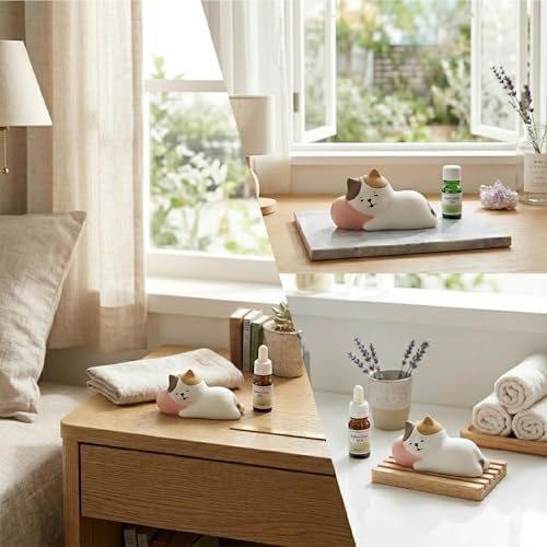 Passive Stone Diffuser, Cute Animal Series Aromatherapy Oil Diffuser for Tabletop Decor (1, Napping Cat)