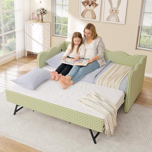 Twin Size Daybed with Pop Up Trundle, Linen Gingham Twin to King Daybed with USB Ports, Upholstered Day Bed Frame, Modern Sofa Bed for Living Room/Bedroom/Guest Room, No Box Spring Needed, Green