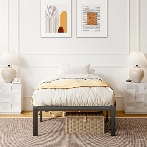 Twin Bed Frames with Heavy Duty Steel Slat, 14 Inches Platform Bed Frame, Non-Slip Design, No Box Spring Needed, Easy Assembly, Quiet Noise Free, Under Bed Storage Space, Black