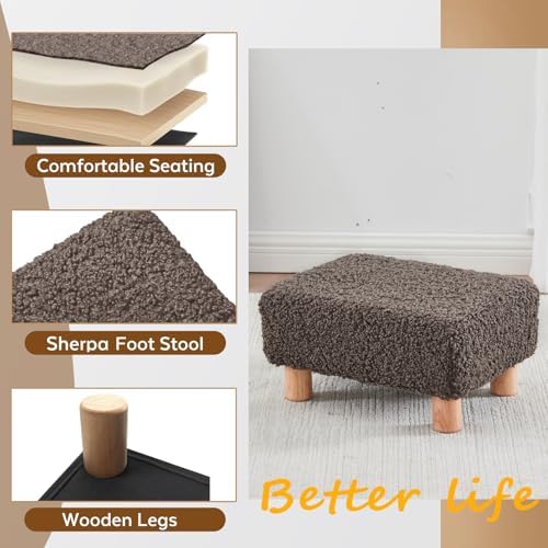 Small Foot Stool Ottoman, Sherpa Footstool Ottoman Foot Rest for Couch, Rectangle Footstools and Ottomans Small for Living Room, Entryway and Bedroom (Brown)