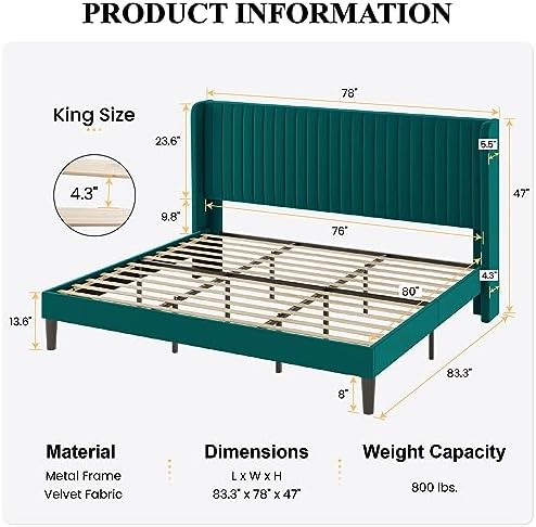 SHA CERLIN King Size Velvet Bed Frame, Tufted Wingback Headboard, Teal