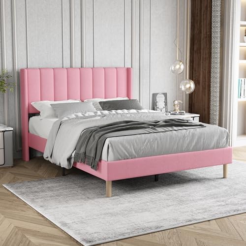 Full Size Bed Frame with Velvet Upholstered Headboard, Pink
