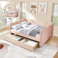 Full Size Daybed with Storage Drawers, Linen Gingham Daybed with USB Ports & Wave Shaped, Upholstered Day Bed Frame, Modern Sofa Bed for Living Room/Bedroom/Guest Room, No Box Spring Needed, Pink