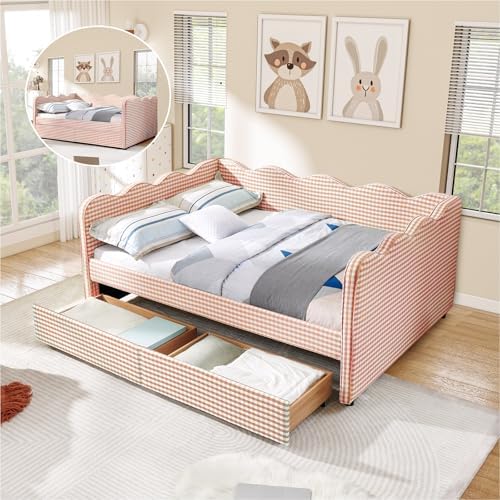 Full Size Daybed with Storage Drawers, Linen Gingham Daybed with USB Ports & Wave Shaped, Upholstered Day Bed Frame, Modern Sofa Bed for Living Room/Bedroom/Guest Room, No Box Spring Needed, Pink