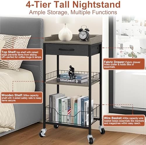 Tall Side Table, Narrow Side Table with Wheels, Black & Grey