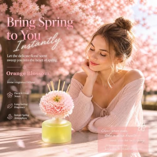 Orange Blossom Reed Diffuser with Sakura Flower, 3.38 Fl Oz