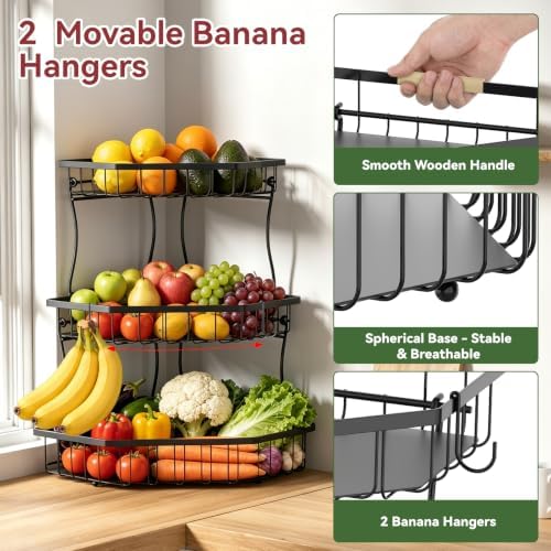 3 Tier Fruit Basket for Kitchen Counter with 2 Banana Hangers for Corner