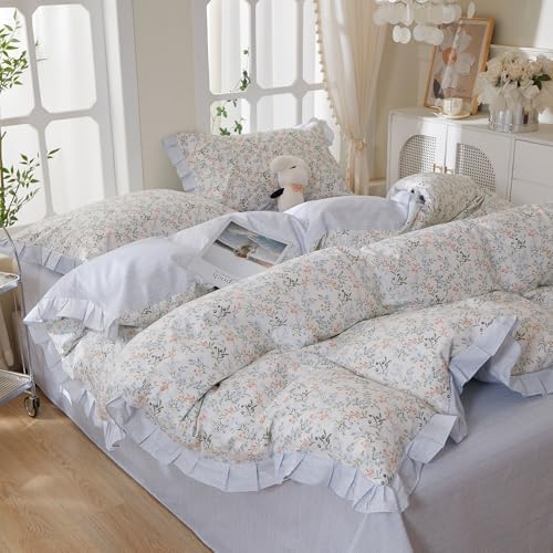 100% Cotton Vintage Floral Duvet Cover Set Queen, Chic Botanical Flower Duvet Cover with Romantic Ruffle Lace, French Country Cottagecore Comforter Cover for Girls, Aesthetic Flower Bedding Set