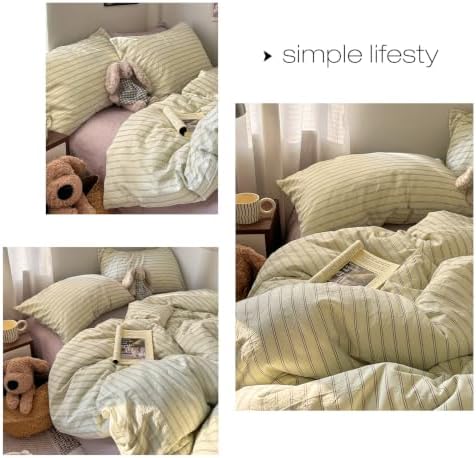 Vintage Striped Duvet Cover Full Size 3Pcs Washed Cotton Retro Bedding Set