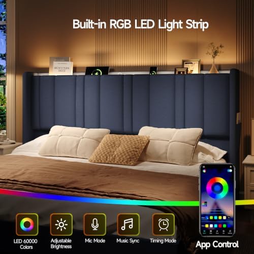 ONBRILL King Size Headboard with Storage, LED Light, Blue
