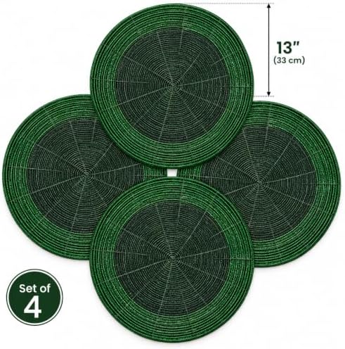 Beaded Charger placemats Set of 4, 13 Inch Round, Green Tonal
